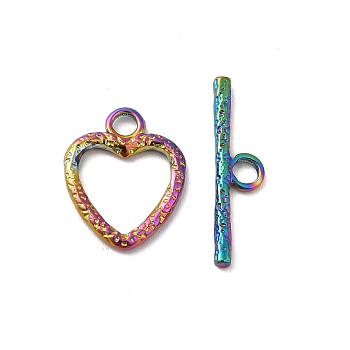 Ion Plating(IP) 304 Stainless Steel Toggle Clasps, Heart, Rainbow Color, Heart: 16.5x13.5x2mm, Hole: 3mm, Bar: 22x6x2mm, Hole: 3mm.