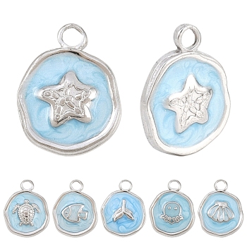 6Pcs 6 Styles 304 Stainless Steel Pendants, with Enamel, Flat Round, Stainless Steel Color, 16.5x12.5~13x2~2.5mm, Hole: 2.5mm, 1pc/style