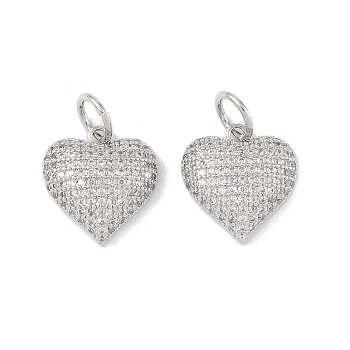 Brass Micro Pave Cubic Zirconia Pendant, with Jump Rings, Heart, Platinum, 16x15x4.5mm