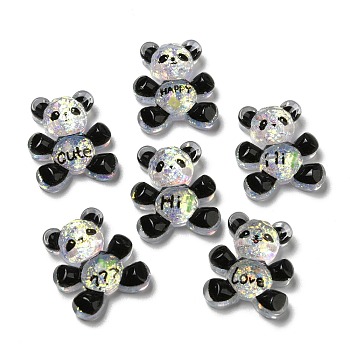 Transparent Resin Cabochons, Faceted Panda with Glitter Powder, Black, 21x18x7mm
