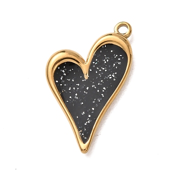 Valentine's Day 304 Stainless Steel Enamel Pendants, Heart Charms, Golden, Black, 24x15x2.5mm, Hole: 1.5mm