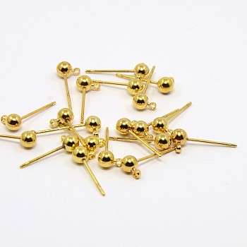 Brass Ball Post Ear Studs, Stud Earring Findings, with Loop, Golden, 15x4mm, Hole: 1mm