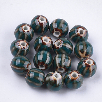 Handmade Porcelain Beads, Fancy Antique Glazed Porcelain, Round, Teal, 11~12x10~11x10~10.5mm, Hole: 2~2.5mm