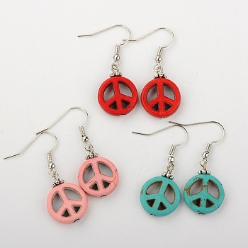 Dangle Peace Sign Earrings for Women, Synthetic Turquoise Earrings, with Brass Earrings Hooks, Platinum, Mixed Color, 37mm, Pin: 0.7mm