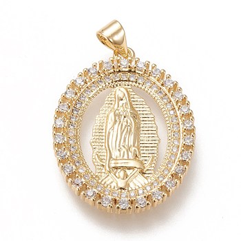 Brass Pendants, with Clear Cubic Zirconia, Oval with Holy Virgin, Real 18K Gold Plated, 29x22x2.5mm, Hole: 3x5mm