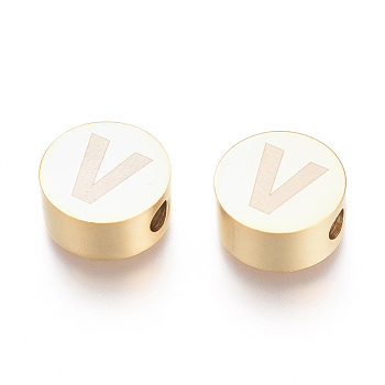 304 Stainless Steel Beads, Flat Round with Letter, Letter.V, 10x4.5mm, Hole: 2mm