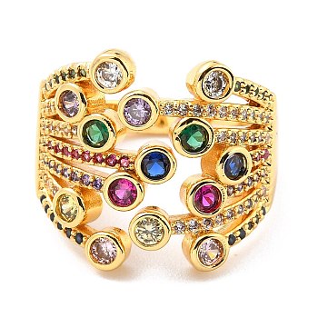 Brass Micro Pave Cubic Zirconia Finger Rings, Wide Band Rings, Long-Lasting Plated, Real 18K Gold Plated, Colorful, US Size 6(16.5mm)