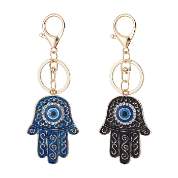 2Pcs 2 Colors Alloy Rhinestone Keychain, with Enamel and Alloy Findings, Hamsa Hand with Evil Eye, Mixed Color, 12.6cm, 1pc/color