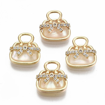 Natural Freshwater Shell Charms, with Brass Findings and Clear Cubic Zirconia, Nickel Free, Bag, Real 18K Gold Plated, 13x12x4.5mm, Hole: 3x2mm