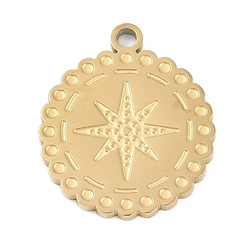 304 Stainless Steel Pendants, Flat Round with Star Charm, Ion Plating(IP), Real 18K Gold Plated, 16x14x1.5mm, Hole: 1.5mm