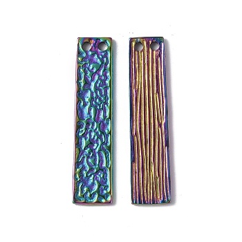 Ion Plating(IP) 304 Stainless Steel Pendants, Textured, Rectangle Charm, Rainbow Color, 30x7x1.5mm, Hole: 1.4mm