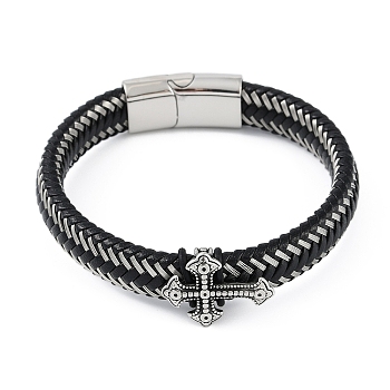 Braided Microfiber Leather Cord Bracelets, with 304 Stainless Steel Magnetic Clasps, Cross, Antique Silver, 8-1/2 inch(21.5cm)