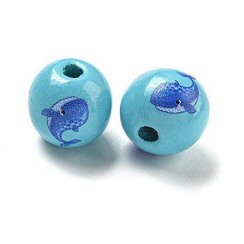 Natural Wood European Beads, Ocean Theme Printed lotus Beads, Large Hole Beads, Sky Blue, Whale, 16x15mm, Hole: 4mm