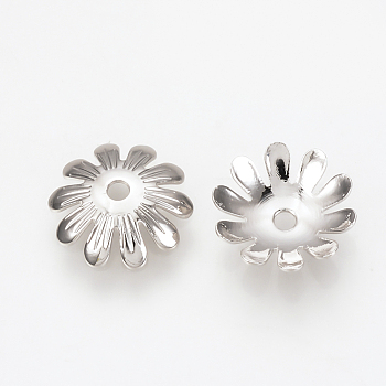 Brass Bead Caps, Nickel Free, Real Platinum Plated, Flower, 10x2.5mm, Hole: 1.5mm