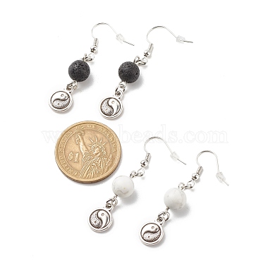 2Pair 2 Style Natural Lava Rock & Howlite with Yin Yang Long Dangle Earrings(EJEW-JE04962-02)-4