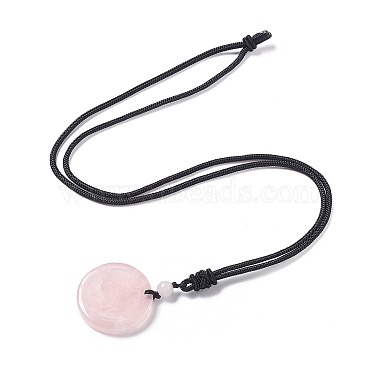 Ожерелье из натурального розового кварца плоское круглое с шестигранной подвеской и нейлоновым шнуром для женщин(NJEW-P274-05-06)-2