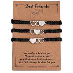 3Pcs 3 Style Stainless Steel Heart Link Bracelets Set, Nylon Cord Adjustable Bracelets for Best Friends Family, Black, Inner Diameter: 2-1/8~4 inch(5.4~10cm), 1Pc/style(BJEW-SW00106-02)