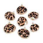 Spray Paint & Electroplate Natural Sea Shell Pendants, Leopard Pattern Shell Charms with Golden Tone Iron Loops, Coconut Brown, 20.5~31x22~32x6.5~9.5mm, Hole: 1.4~1.8mm(SSHEL-N042-17)
