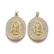 Brass Mirco Pave Clear Cubic Zirconia Pendants, Lady of Guadalupe Charms, Long-Lasting Plated, for Religion, with Snap on Bails, Oval & Virgin Mary, Real 18K Gold Plated, 32x21.5x4mm, Hole: 5mm(ZIRC-A011-22G)
