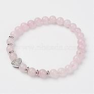 Natural Rose Quartz Stretch Bracelets, with Brass Micro Pave Cubic Zirconia Beads, Heart, 2 inch(52mm)(BJEW-JB02818)