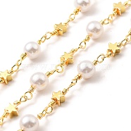 Glass Pearl Round Beaded Chain, with Brass Star Link Chains, Lead Free & Cadmium Free, Soldered, with Spool, Real 18K Gold Plated, 13.5x4x2.5mm, 15.5x5.5(CHC-G017-07G)