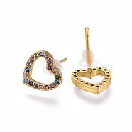 Brass Cubic Zirconia Stud Earrings, Heart, Colorful, Golden, 8.5x9x2mm, Pin: 0.8mm(EJEW-E239-10G)