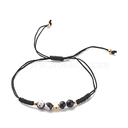 Natural Agate & Brass Clover Beaded Cord Bracelet, Gemstone Braided Adjustable Bracelet for Women, Black, Inner Diameter: 7/8~3-5/8 inch(2.1~9.3cm)(BJEW-JB08366-02)