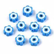 Handmade Polymer Clay Beads, Flower with Evil Eye, Dodger Blue, 9x9x4.5mm, Hole: 1.8mm(CLAY-N007-003-02)