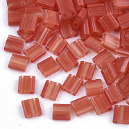 2-Hole Glass Seed Beads, Striped Seed Beads, Transparent Colours, Two Tone, Rectangle, Red, 5x4.5~5.5x2~2.5mm, Hole: 0.5~0.8mm(SEED-S023-38C-04)