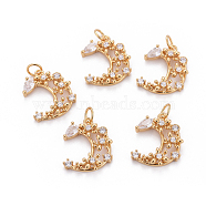 Brass Micro Pave Cubic Zirconia Pendants, with Jump Rings, Moon, Clear, Golden, 18.5x15x3.5mm, Hole: 3mm(ZIRC-L070-43G)