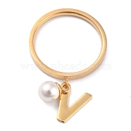Dual-use Items, 304 Stainless Steel Finger Rings or Pendants, with Plastic Round Beads, Golden, White, Letter.V, US Size 5~9(15.7~18.9mm)(RJEW-O045-21-GV)