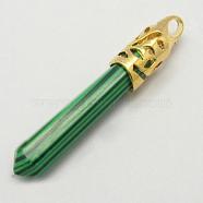 Synthetic Malachite Big Pendants, with Brass Findings, Faceted, Synthetical, Green, Size: about 58~66mm long, 10mm wide, hole: 4mm wide, 5mm long(X-G-Q559-1)