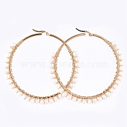 304 Stainless Steel Beaded Big Hoop Earrings, with Natural Pearl Beads, Ring, Golden, 66x5mm, Pin: 0.8mm(EJEW-JE04128-01)