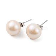 Natural Pearl Round Bead Stud Earrings, with Real Platinum Plated 925 Sterling Silver Findings, Blanched Almond, 18x9~10mm(EJEW-E298-01F-02P)