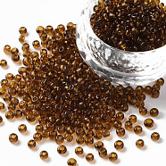 Glass Seed Beads, Transparent, Round, Round Hole, Brown, 8/0, 3mm, Hole: 1mm, about 1111pcs/50g, 50g/bag, 18bags/2pounds(SEED-US0003-3mm-13)