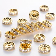 Brass Grade A Rhinestone Spacer Beads, Golden Plated, Rondelle, Nickel Free, Crystal, 10x4mm, Hole: 2mm(RSB039NF-01G)