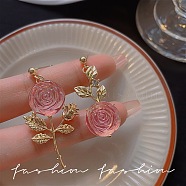 Rose Flower Stainless Steel & Glass Asymmetrical Dangle Earrings  for Women, Golden(VN2665-7)