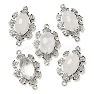 Natural Quartz Crystal Faceted Oval Connector Charms, Rack Plating Brass Micro Pave Clear Cubic Zirconia Rock Crystal Flower Links, Platinum, 25.5x16x7mm, Hole: 1.2mm(G-G181-06P-08)