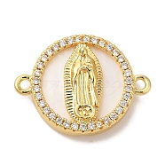 Rack Plating Brass Micro Pave Clear Cubic Zirconia Religion Connector Charms, with Shell, Flat Round Links, Real 18K Gold Plated, Cadmium Free & Lead Free, Long-Lasting Plated, Virgin, 17x23x4mm, Hole: 1.4mm(KK-L220-003G-01)