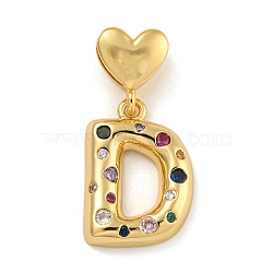 Brass Micro Pave Colorful Cubic Zirconia Pendants, Heart Letter Charms, Real 18K Gold Plated, Letter D, 30.5mm, Hole: 6x3mm, pendant: 21.5x15x4mm(KK-P281-01G-D)