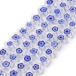 Handmade Millefiori Glass Bead Strands, Flower, Blue, 10~12x2.6mm, Hole: 1mm, about 40pcs/strand, 15'(38cm)(LAMP-J035-10mm-55)