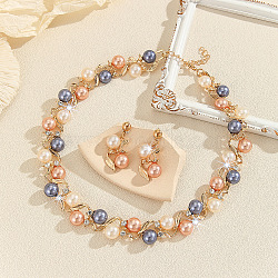 Alloy with Plastic Pearl Round Beaded Link Chain Necklaces & Stud Dangle Earrings Sets, Golden, 410~460mm(WG2621B-01)