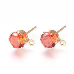 Brass Stud Earring Findings, with 316 Surgical Stainless Steel Pin, Cubic Zirconia and Loop, Long-Lasting Plated, Flat Round, Real 14K Gold Plated, Orange Red, 8x6x5.5mm, Hole: 1mm, Pin: 0.7mm(X-KK-L199-B02-G)