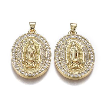 Brass Mirco Pave Clear Cubic Zirconia Pendants, Lady of Guadalupe Charms, Long-Lasting Plated, for Religion, with Snap on Bails, Oval & Virgin Mary, Real 18K Gold Plated, 32x21.5x4mm, Hole: 5mm