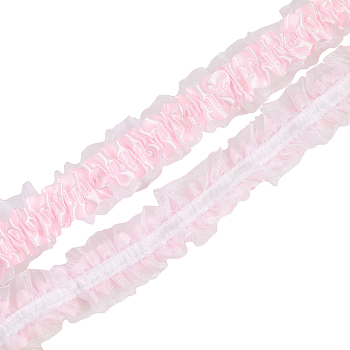 Chiffon Lace Trim, Pleated Lace Ribbon, for Clothing Accessories, Pink, 1-1/4 inch(31.5mm), 10 yards/bag