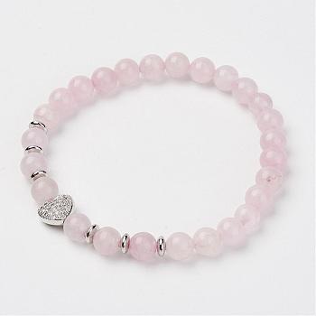 Natural Rose Quartz Stretch Bracelets, with Brass Micro Pave Cubic Zirconia Beads, Heart, 2 inch(52mm)