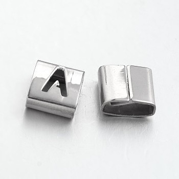 Tarnish Resistant Letter Style 201 Stainless Steel Square Slide Charms, Letter.A, 9x8x4mm, Hole: 8x3mm