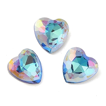 Glass Rhinestone Cabochons, Flat Back & Back Plated, Faceted, Heart, Bermuda Blue, 8x8x4mm