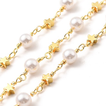 Glass Pearl Round Beaded Chain, with Brass Star Link Chains, Lead Free & Cadmium Free, Soldered, with Spool, Real 18K Gold Plated, 13.5x4x2.5mm, 15.5x5.5