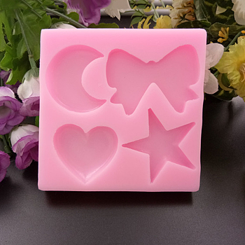 Food Grade Silicone Molds, Fondant Molds, For DIY Cake Decoration, Chocolate, Candy, UV Resin & Epoxy Resin Jewelry Making, Moon & Star & Heart & Bowknot, Pink, 92x93x12mm